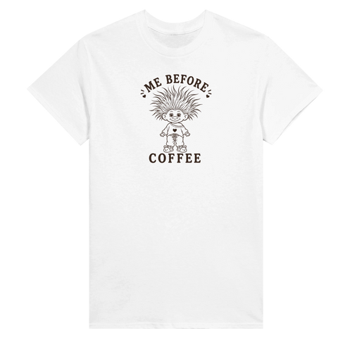 Grafisk design av en morgontrött figur med rufsigt hår – t-shirt