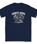 T-shirt i marinblått med illustrerade verktyg och texten Honest Work
