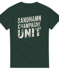Sandhamn Champagne Unit-tryck i sliten stil på mörkgrön t-shirt.