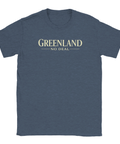 T-shirt med satirisk textdesign Greenland No Deal på melerad blå bakgrund