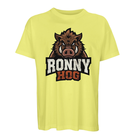 Provokativ t-shirt i gul färg med grafiskt motiv av ett vildsvin