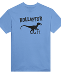 Rollaptor" design med velociraptor som använder rollator, text på ljusblå t-shirt.