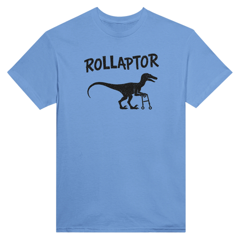 Rollaptor" design med velociraptor som använder rollator, text på ljusblå t-shirt.