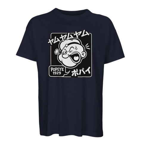 mörkblå popeye t-shirt med japanskt tryck på karl alfred