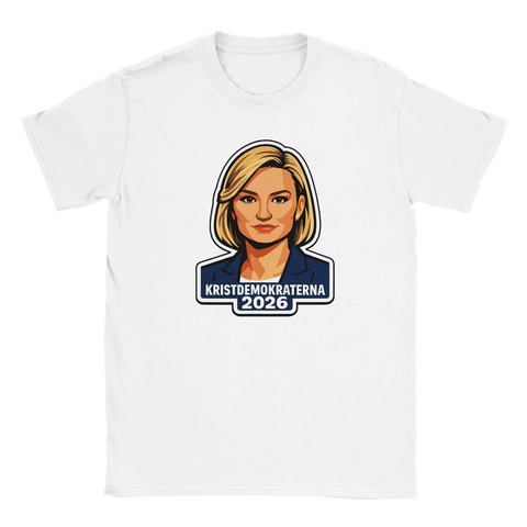 Kristdemokraterna 2026 politikerporträtt av kvinna med blont hår på vit t-shirt.