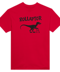 Rollaptor" med dinosaurie med rullator på röd t-shirt, humoristisk design.