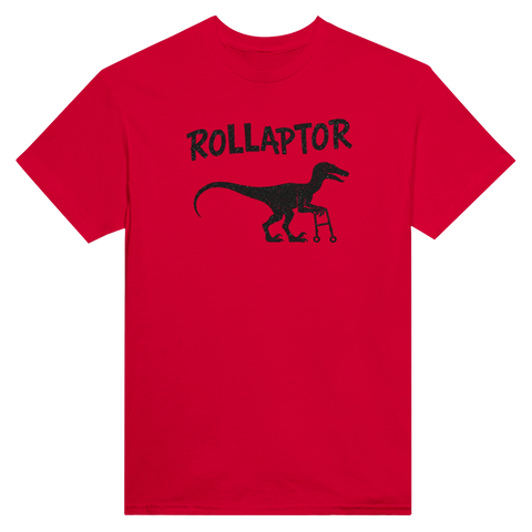 Rollaptor" med dinosaurie med rullator på röd t-shirt, humoristisk design.