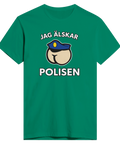 Satiriskt tryck "Jag älskar polisen" med tecknad rumpa i polismössa på grön t-shirt.