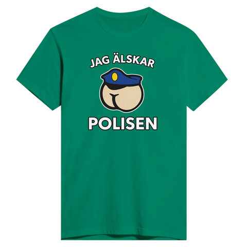 Satiriskt tryck "Jag älskar polisen" med tecknad rumpa i polismössa på grön t-shirt.