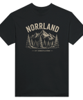 Vintage illustration av berg och granskog med texten Norrland
