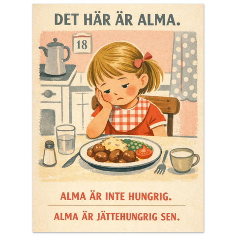 Närbild på en vintageinspirerad poster med texten Alma är inte hungrig, Alma är jättehungrig sen.