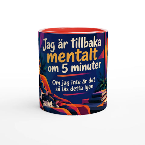 Mugg med texten Jag är tillbaka mentalt om 5 minuter och tropiskt motiv.