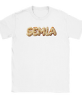 Humoristiskt grafiskt motiv med semmel-tema på vit t-shirt