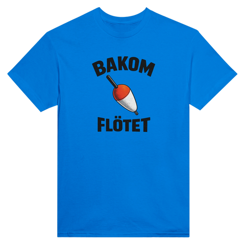 Bakom flötet" illustration med fiskespö på t-shirt