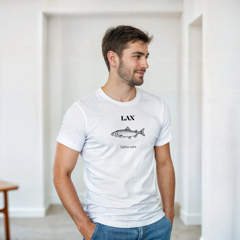 Fiskmotiv t-shirt – lax i svartvit illustration