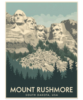 Illustration av Mount Rushmore med de fyra presidenternas ansikten i beige bergvägg ovanför en mörkgrön granskog.
