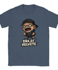 Arg tecknad figur med keps och text "DRA ÅT HELVETE" på mörkblå t-shirt.