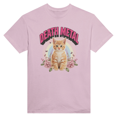 Ironisk Death Metal t-shirt med söt kattunge och regnbåge