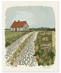 Lantlig illustration med en stenig väg genom ett grönt landskap under en grå himmel, tryckt på halvblankt kvalitetspapper.