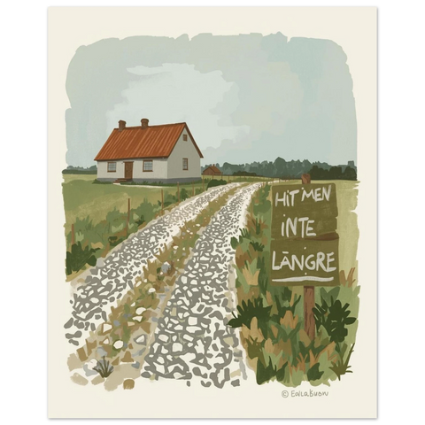 Lantlig illustration med en stenig väg genom ett grönt landskap under en grå himmel, tryckt på halvblankt kvalitetspapper.
