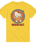 Retro illustration av en katt i måltavla – gul t-shirt med mörk humor