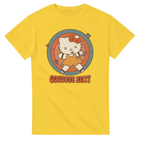 Retro illustration av en katt i måltavla – gul t-shirt med mörk humor