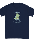 Mörkblå t-shirt med humoristiskt motiv av en sittande T-Rex och texten I tried