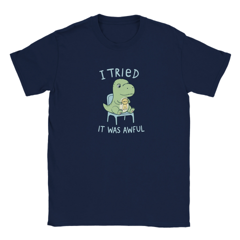 Mörkblå t-shirt med humoristiskt motiv av en sittande T-Rex och texten I tried