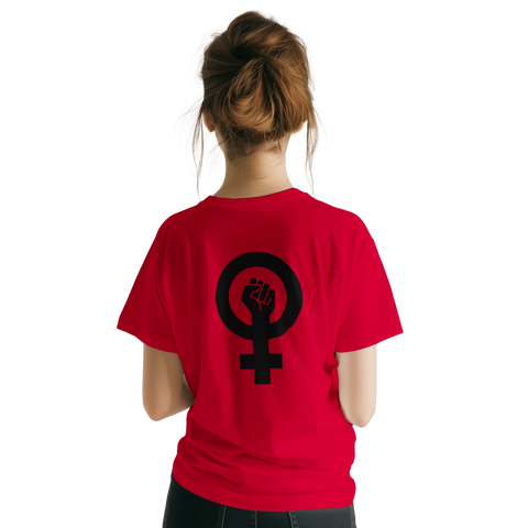 Kraftfull symbol för kvinnors rättigheter på ryggen – röd t-shirt