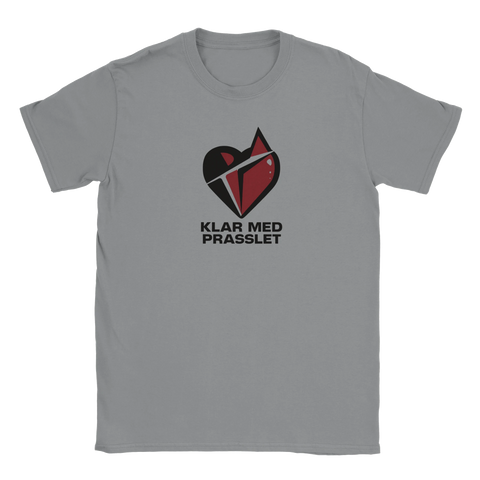 Grå t-shirt med skarpt grafiskt tryck och texten Klar med prasslet
