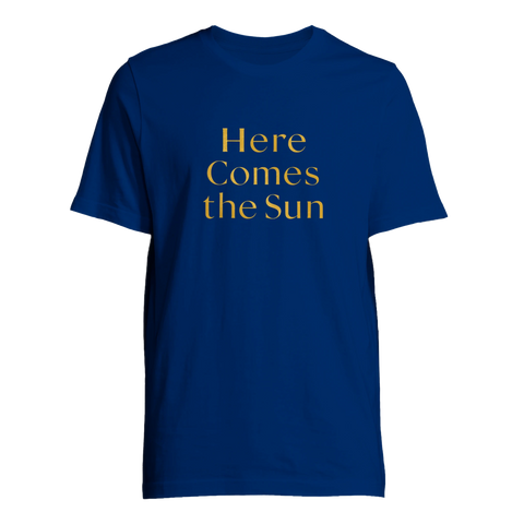 Kungsblå t-shirt med stilrent budskap om soluppgång och hopp