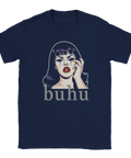 T-shirt med mörkblå bas och grafiskt motiv av gråtande kvinna