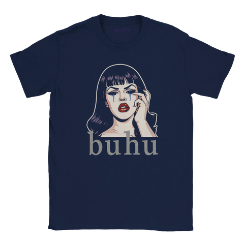 T-shirt med mörkblå bas och grafiskt motiv av gråtande kvinna