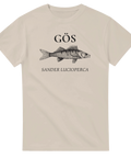Klassiskt fiskmotiv med latinsk text på sandfärgad t-shirt
