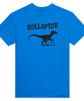 Humoristisk "Rollaptor" med dinosaurie och rollator på blå t-shirt.