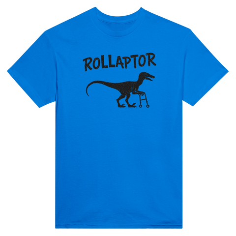 Humoristisk "Rollaptor" med dinosaurie och rollator på blå t-shirt.