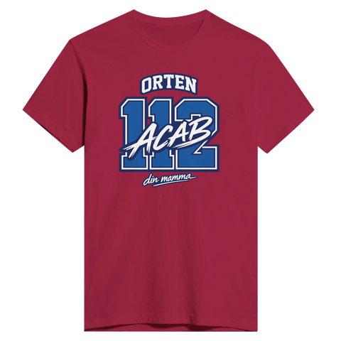 Orten 112 ACAB din mamma tryck i blått och vitt på mörkröd premium t-shirt.