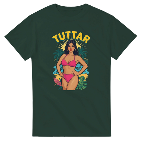 Mörkgrön t-shirt med vintageinspirerad illustration och lekfull textdesign