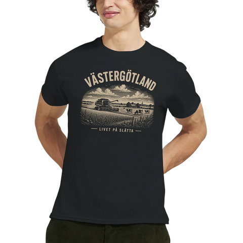 Man bär en t-shirt med motiv av Västergötlands öppna landskap och slätt