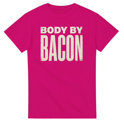 Rosa t-shirt med kaxig Body by Bacon text i retrostil