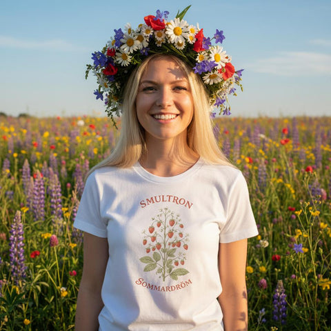 Leende kvinna med blomsterkrans bär en vit sommar-t-shirt med smultronmotiv