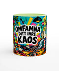 Mugg med texten Omfamna ditt inre kaos och färgglada illustrationer.