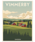 Illustration av Vimmerby med röda stugor, gröna kullar och granskog i retro reseaffisch-stil mot en ljusblå himmel.