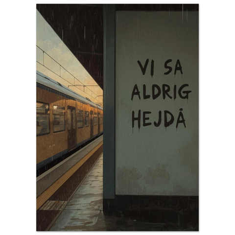 Illustration av en tågperrong i regn där ett tåg lämnar stationen bredvid en vägg med texten Vi sa aldrig hejdå.