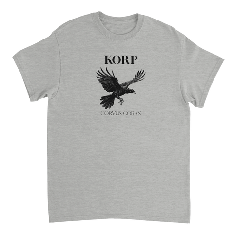 Gråmelerad t-shirt med minimalistisk korpillustration och text