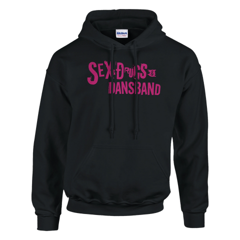 Svart hoodie med rosa statement-tryck och kaxig attityd
