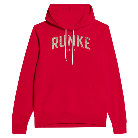Rustik "RUNKE BAIL"-text på röd hoodie, framifrån, med ficka.
