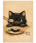 Närbild på en svart kattunge vid ett bord med maki-rullar, wasabi och ingefära i klassisk akvarellstil.