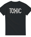 Svart t-shirt med vitt grafiskt tryck av ordet Toxic