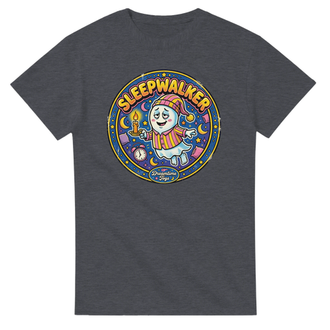Mörkgrå t-shirt med grafiskt motiv av ett nattvandrande spöke och stjärnor